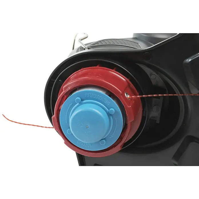 Stiga Elektro-Rasentrimmer GT 106c - 600 W, Schnittbreite Faden: 30 cm - Nahaufnahme einer Fadenspule eines Rasentrimmers mit roter und blauer Spule.