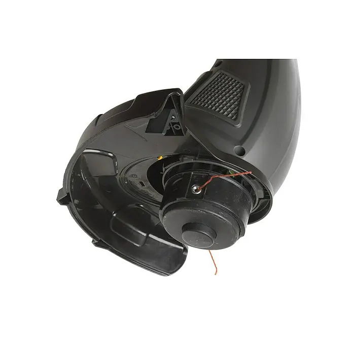 Stiga Elektro-Rasentrimmer GT 104c - 350 W, Schnittbreite Faden: 24 cm - Detailaufnahme eines Rasentrimmers mit schwarzem Gehäuse und Trimmerkopf. Das Gerät ist für die Gartenarbeit konzipiert.