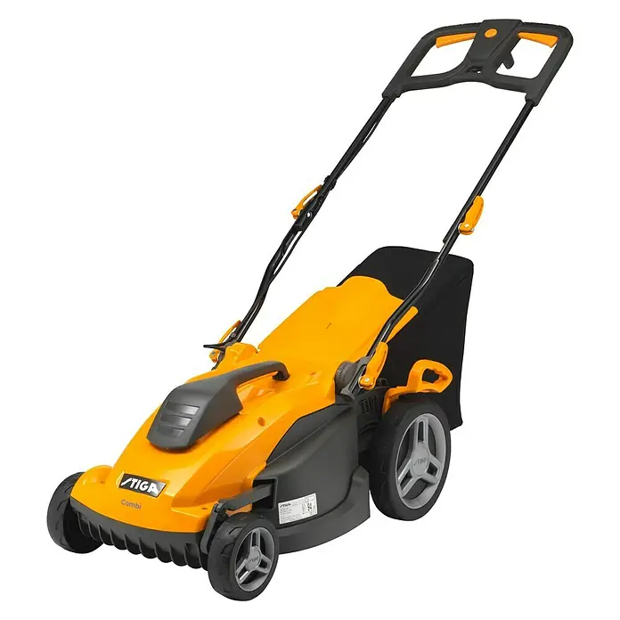 Stiga Elektro-Rasenmäher COMBI 340c - 1.600 W, Schnittbreite: 38 cm - Gelber STIGA Rasenmäher mit Fangkorb und schwarzem Griff für den Garten.