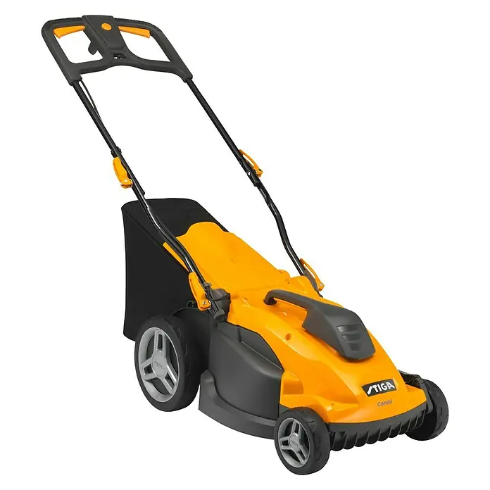 Stiga Elektro-Rasenmäher COMBI 340c - 1.600 W, Schnittbreite: 38 cm - Gelber STIGA Combi Rasenmäher mit schwarzem Fangkorb und grauem Chassis, ideal für kleine bis mittelgroße Gärten.