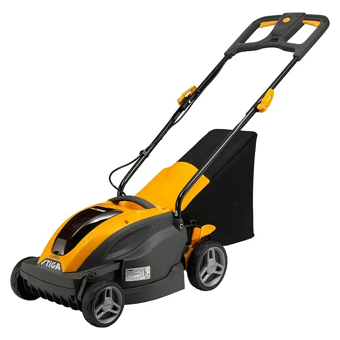 Stiga Akku-Rasenmäher COMBI 336e - 48 V, 1 Akku, 2 Ah, Schnittbreite: 34 cm - Abbildung eines gelb-schwarzen Stiga Rasenlüfters mit Fangkorb, ideal für die Rasenpflege.