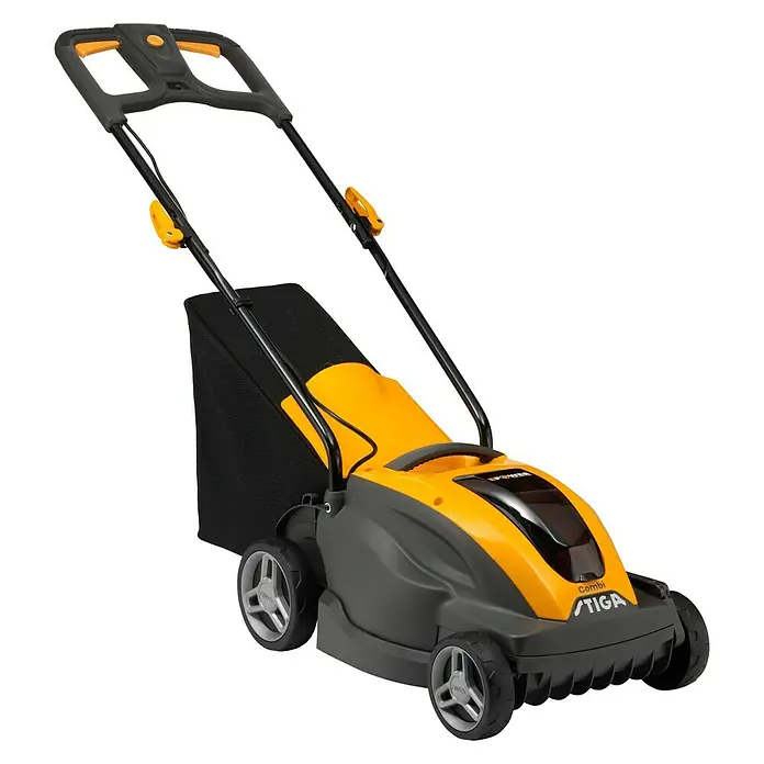Stiga Akku-Rasenmäher COMBI 336e - 48 V, 1 Akku, 2 Ah, Schnittbreite: 34 cm - Hier ist ein gelb-schwarzer Stiga Combi Rasenmäher, der eine ausgezeichnete Wahl für die Rasenpflege darstellt.