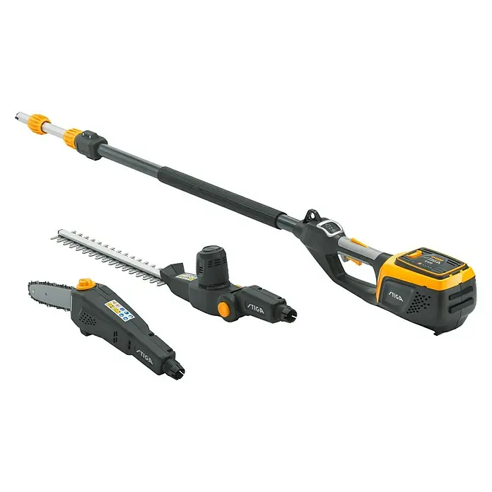 Stiga 500er Serie Akku-Multitool MT 500e Set - 48 V, 1 Akku, Schnittlänge: 44 cm - Stiga Akku-Multitool mit Verlängerung und verschiedenen Aufsätzen für Gartenarbeiten wie Heckenschneiden und Baumpflege.