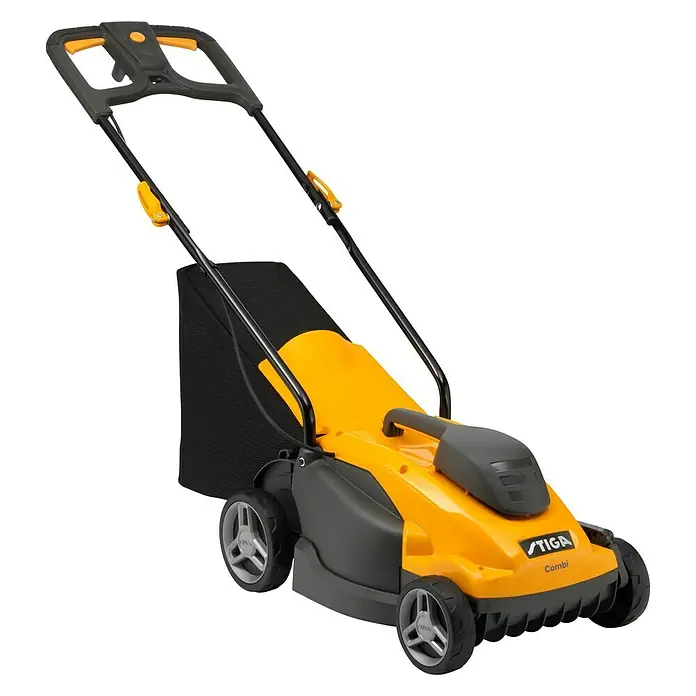 Stiga Elektro-Rasenmäher COMBI 336c - 1.400 W, Schnittbreite: 34 cm - Gelber Stiga Combi Rasenmäher, ideal für kleine Gärten, mit Fangkorb und verstellbarem Griff für komfortables Mähen.