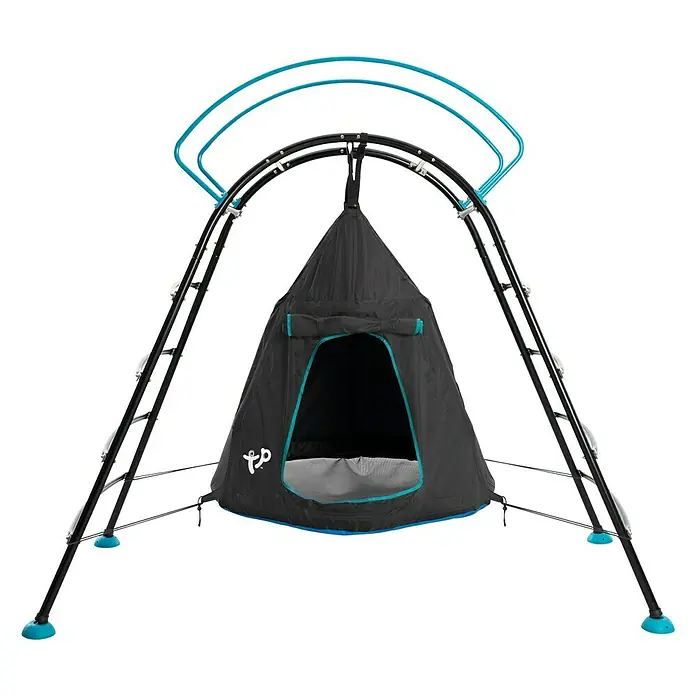 TP Toys Klettergerüst Ufo - 122 x 217 x 201 cm, Metall, Schwarz/Blau - Ein Spielgerüst mit einer Hängehöhle bietet Kindern einen sicheren Ort zum Klettern und Entspannen im eigenen Garten.