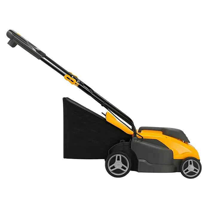 Stiga Elektro-Rasenmäher COMBI 336c - 1.400 W, Schnittbreite: 34 cm - Ein gelb-schwarzer Rasenmäher mit einem schwarzen Fangkorb ist auf dem Bild zu sehen. Perfekt für den gepflegten Garten.