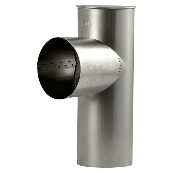 Kapselknie - Durchmesser: 100 mm, Feueraluminiert, Silbergrau - Produktbild eines T-Stücks für Lüftungsanlagen aus Metall, das für die Verbindung von Rohren verwendet wird.