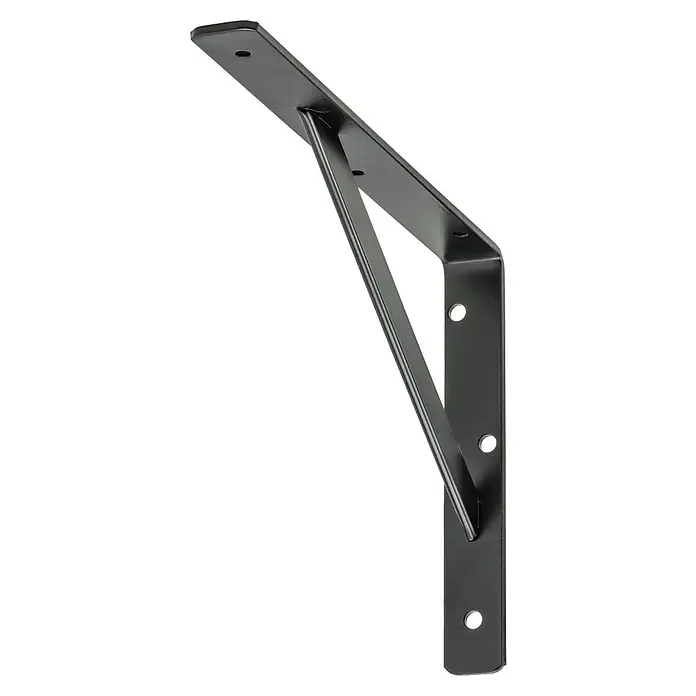 Vormann Stegkonsole - L x B x H: 330 x 30 x 500 mm, Stahl, Schwarz - Eine Nahaufnahme einer schwarzen Regalhalterung aus Metall mit einer Stützstrebe, die Stabilität und ein industrielles Aussehen bietet.