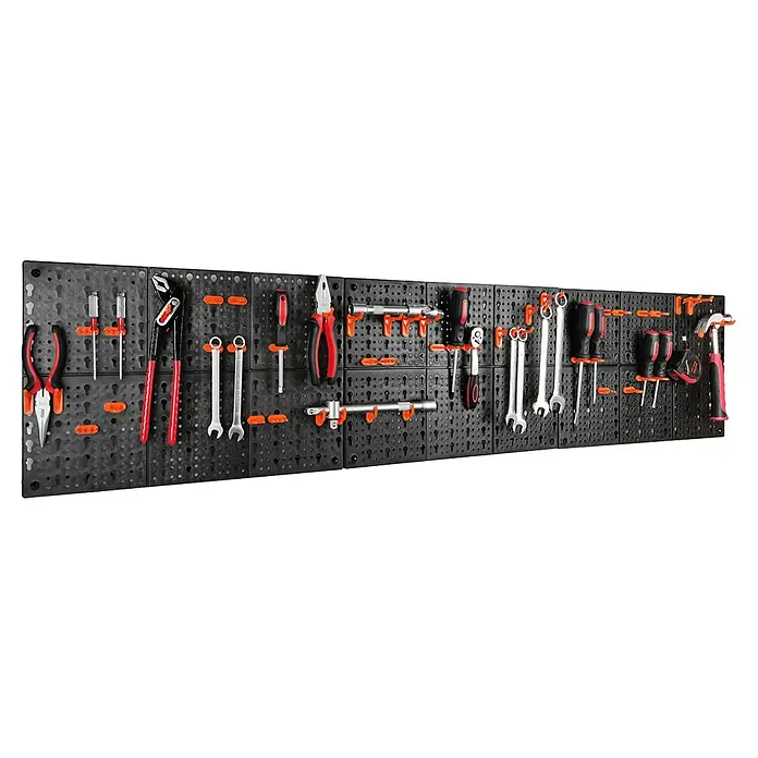 Panel perforado - An x Al: 30 x 49 cm, 3 pzs., Negro/Naranja - Panel de herramientas con varias herramientas. El panel de herramientas consta de varios paneles y ofrece espacio para llaves, alicates y destornilladores.