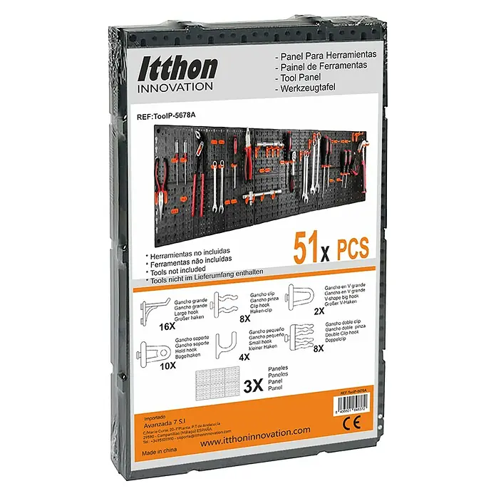 Panel perforado - An x Al: 30 x 49 cm, 3 pzs., Negro/Naranja - Set de panel de herramientas Itthon Innovation de 51 piezas, incluye paneles y ganchos.