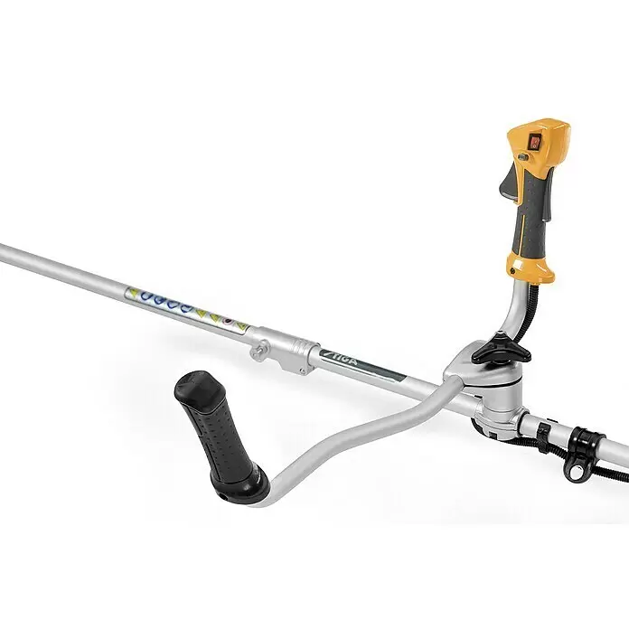 Stiga Benzin-Motorsense BC 330 AB - 700 W, Schnittbreite Faden: 43 cm, Schnittbreite Messer: 25,5 cm - Oberer Teil eines Freischneiders mit silbernem Schaft, gelbem und schwarzem Steuergriff sowie schwarzem, verstellbarem D-Griff. Mit orangefarbenem Ein-/Ausschalter.