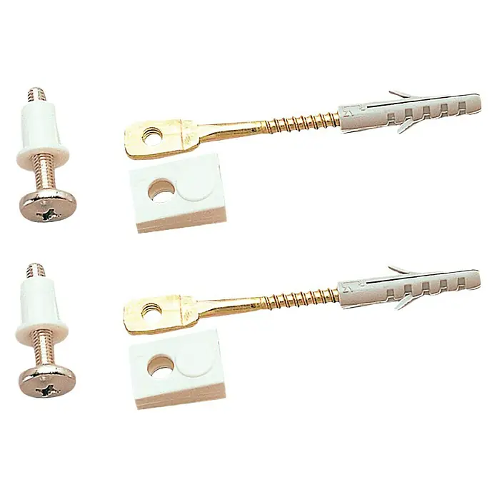 Tornillo de fijación Bidé-Inodoro - 2 ud. - Primer plano de dos juegos de herrajes para muebles, incluidos tornillos, tacos y placas de montaje, sobre un fondo negro.