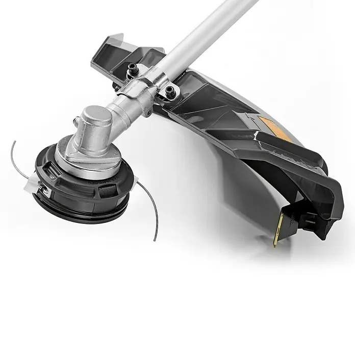 Stiga Benzin-Motorsense BC 330 A - 700 W, Schnittbreite Faden: 43 cm, Schnittbreite Messer: 25,5 cm - Nahaufnahme eines Rasentrimmers mit silbernem Schaft und schwarzem Trimmerkopf, ideal für die Gartenpflege.