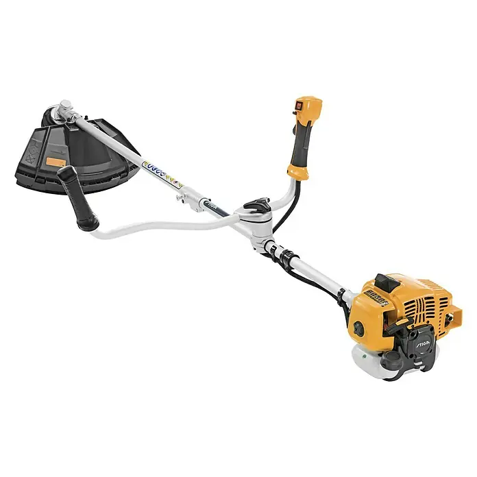 Stiga Benzin-Motorsense BC 330 AB - 700 W, Schnittbreite Faden: 43 cm, Schnittbreite Messer: 25,5 cm - Eine Abbildung eines Stiga Freischneiders, der sich durch seine gelbe Motorfarbe und sein ergonomisches Design auszeichnet.