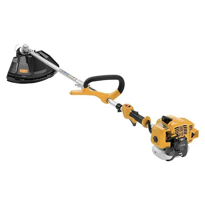 Stiga Benzin-Motorsense BC 330 A - 700 W, Schnittbreite Faden: 43 cm, Schnittbreite Messer: 25,5 cm - Freischneider mit gelbem Griff und schwarzem Schneidkopf, ideal für Gartenarbeiten.