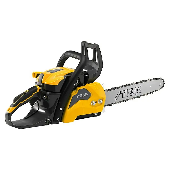 Stiga Benzin-Kettensäge CS 540 - 1,6 kW, 38,5 cm³, Schwertlänge: 35 cm - Diese Abbildung zeigt eine gelb-schwarze Stiga Kettensäge, die für ihre Leistung und Zuverlässigkeit in der Gartenarbeit bekannt ist.