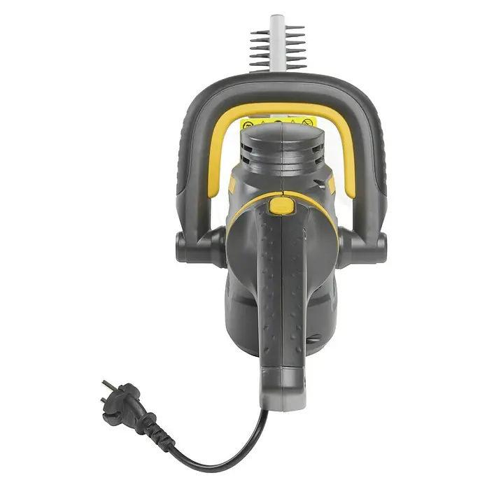 Stiga Elektro-Heckenschere HT 105c - 500 W, Schnittlänge: 45 cm, Max. Aststärke: 16 mm - Bild einer Heckenschere mit Stromkabel, grau und gelb. Das Gerät ist für den Gartenschnitt konzipiert.