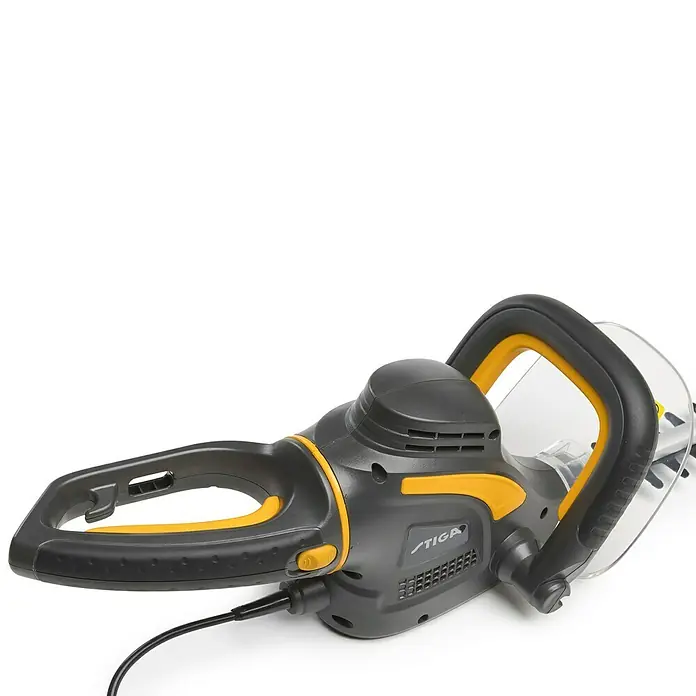 Stiga Elektro-Heckenschere HT 105c - 500 W, Schnittlänge: 45 cm, Max. Aststärke: 16 mm - Eine elektrische Heckenschere von Stiga in Grau und Gelb, ideal für den Garteneinsatz.