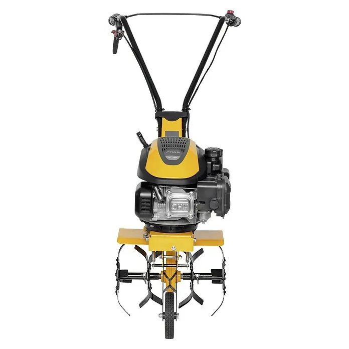Stiga Benzin-Bodenhacke SRC 36 V - 1,9 kW, 4-Takt, Max. Flächenempfehlung: 135 m² - Ein gelb-schwarzer Motorhacke mit schwarzen Griffen ist im Bild zu sehen. Die Hacke ist ein Gartengerät zum Auflockern und Wenden des Bodens.