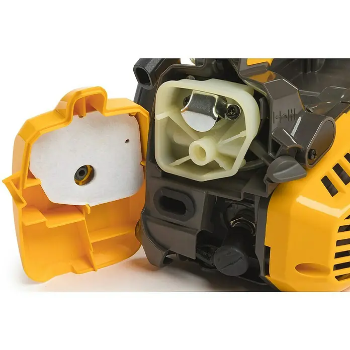 Stiga Benzin-Kettensäge PR 730 - 0,7 kW, 26,9 cm³, Schwertlänge: 25 cm - Nahaufnahme einer gelben Kettensäge mit abgenommener Luftfilterabdeckung, die den weißen Luftfilter zeigt.