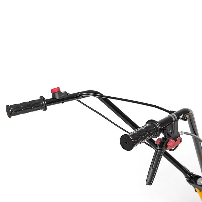 Stiga Benzin-Bodenhacke SRC 36 V - 1,9 kW, 4-Takt, Max. Flächenempfehlung: 135 m² - Schwarzer Lenker mit roten Steuerhebeln und schwarzen Griffen an einer Gartenmaschine.