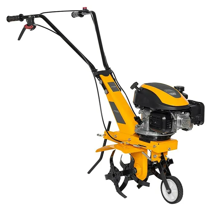 Stiga Benzin-Bodenhacke SRC 36 V - 1,9 kW, 4-Takt, Max. Flächenempfehlung: 135 m² - Gartenfräse von STIGA, gelb mit schwarzen Akzenten, ideal für die Bodenbearbeitung im Garten. Das Gerät ist robust und zuverlässig.