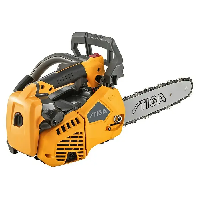 Stiga Benzin-Kettensäge PR 730 - 0,7 kW, 26,9 cm³, Schwertlänge: 25 cm - Die Stiga Kettensäge, ein leistungsstarkes Werkzeug für Gartenarbeiten und Baumschnitt, präsentiert sich in Gelb und Grau.