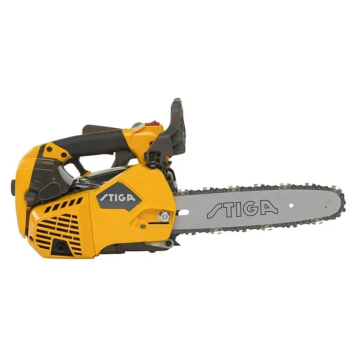 Stiga Benzin-Kettensäge PR 730 - 0,7 kW, 26,9 cm³, Schwertlänge: 25 cm - Abbildung einer gelben STIGA Kettensäge mit schwarzem Griff und der Aufschrift "STIGA" auf der Seite.