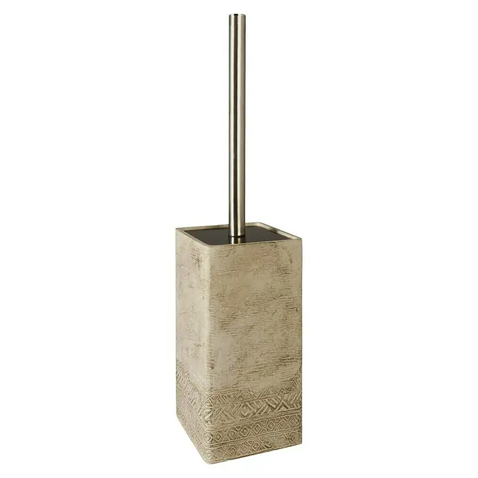 Set de accesorios de baño Ramses - Hormigón, Arena, 3 pzs. - Primer plano de un portaescoletas con un patrón en la parte inferior y un mango plateado.