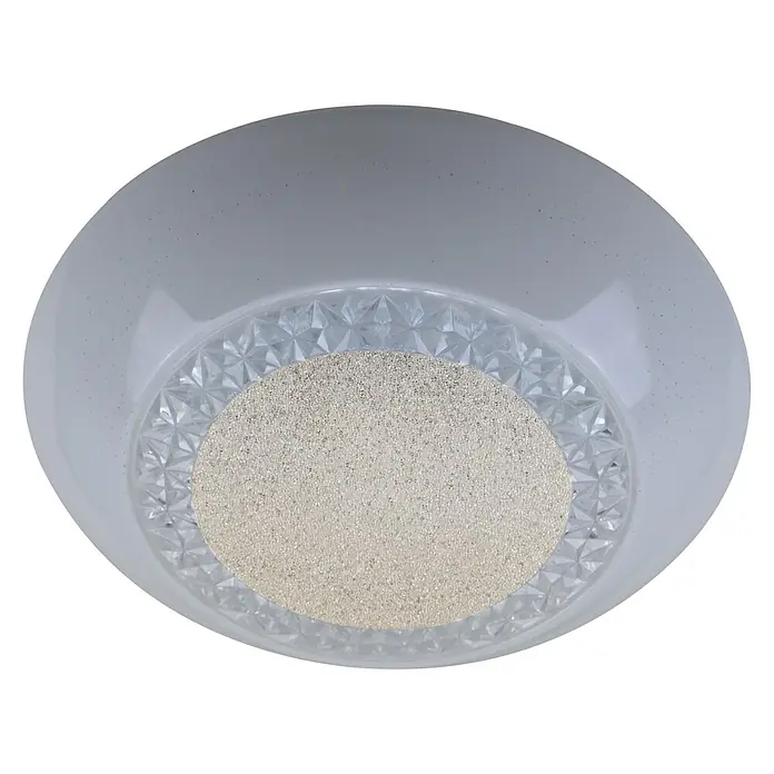Recambio Plafón LED Mara - Ø x Al: 43 x 10,5 cm, Plástico, Blanco - Primer plano de una lámpara de techo LED redonda con un borde de cristal decorativo y un panel central brillante, ideal para espacios modernos.