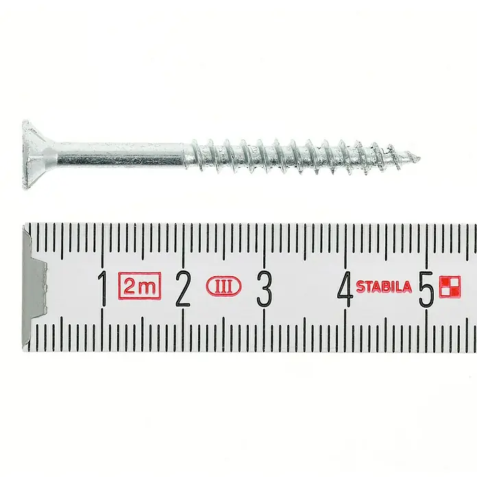Profi Depot Spanplattenschraube VZ - Ø x L: 4,5 x 50 mm, 500 Stk., Verzinkt - Schraube mit Senkkopf und Messskala. Die Schraube ist etwa 4,8 cm lang und aus verzinktem Stahl gefertigt. Ideal für Holzbearbeitung.