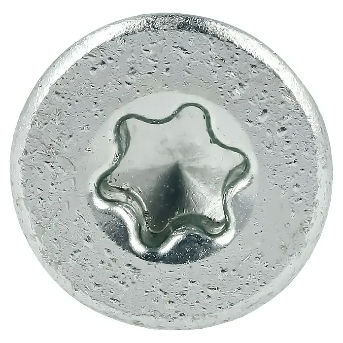 Profi Depot Spanplattenschraube VZ - Ø x L: 5 x 60 mm, 200 Stk., Verzinkt - Nahaufnahme eines Torx-Schraubenkopfes mit glänzender Oberfläche.