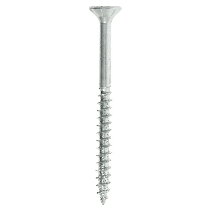 Profi Depot Spanplattenschraube VZ - Ø x L: 5 x 60 mm, 200 Stk., Verzinkt - Nahaufnahme einer einzelnen silberfarbenen Holzschraube mit flachem Senkkopf und scharfem Gewinde.