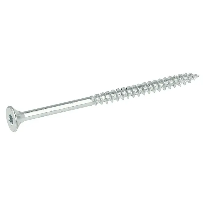 Profi Depot Spanplattenschraube VZ - Ø x L: 5 x 80 mm, 200 Stk., Verzinkt - Nahaufnahme einer einzelnen, silbernen Holzschraube mit Flachkopf und Gewinde, ideal für Heimwerker- und Bauprojekte.