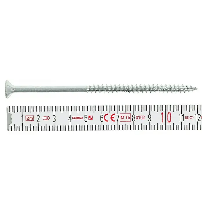 Profi Depot Spanplattenschraube VZ - Ø x L: 6 x 120 mm, 50 Stk., Verzinkt - Eine Schraube liegt neben einem Lineal, das die Länge der Schraube misst.