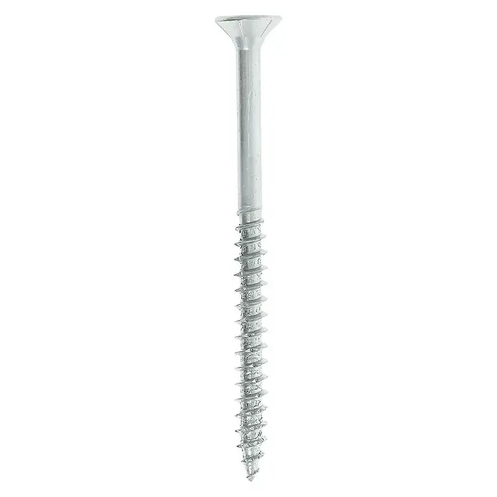 Profi Depot Spanplattenschraube VZ - Ø x L: 6 x 80 mm, 100 Stk., Verzinkt - Nahaufnahme einer einzelnen, langen, weißen Holzschraube mit einem flachen Kopf und scharfen Gewinde, perfekt für Holzbearbeitung.