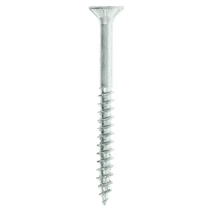 Profi Depot Spanplattenschraube VZ - Ø x L: 4,5 x 50 mm, 500 Stk., Verzinkt - Nahaufnahme einer einzelnen, silbernen Holzschraube mit Senkkopf und scharfem Gewinde vor schwarzem Hintergrund.