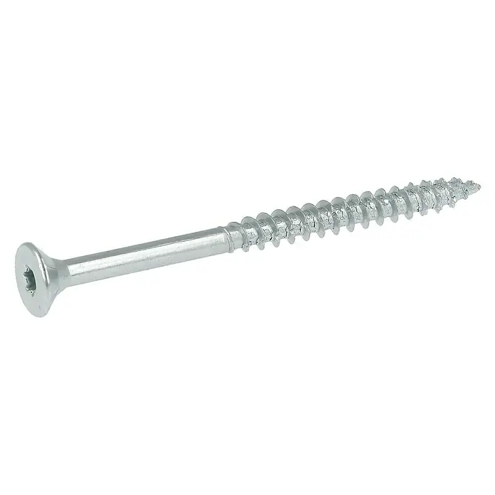 Profi Depot Spanplattenschraube VZ - Ø x L: 6 x 80 mm, 100 Stk., Verzinkt - Nahaufnahme einer einzelnen, silberfarbenen Holzschraube mit scharfem Gewinde und Senkkopf vor schwarzem Hintergrund.