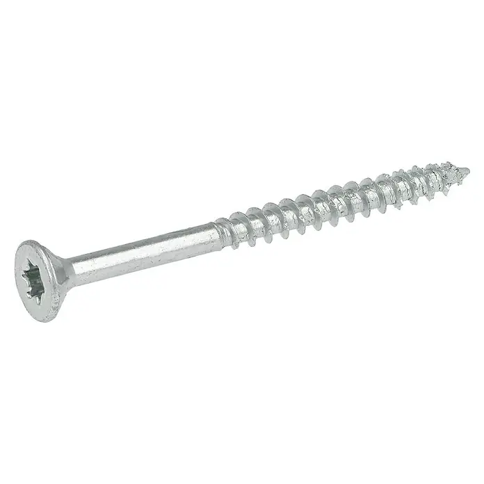 Profi Depot Spanplattenschraube VZ - Ø x L: 5 x 60 mm, 200 Stk., Verzinkt - Nahaufnahme einer einzelnen, silbrig glänzenden Holzschraube mit Torx-Antrieb und scharfem Gewinde auf schwarzem Hintergrund.