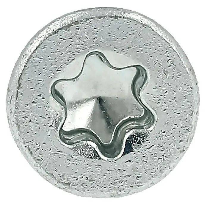 Profi Depot Spanplattenschraube VZ - Ø x L: 4,5 x 60 mm, 200 Stk., Verzinkt - Nahaufnahme eines Torx-Schraubenkopfes, der Details des Schraubendesigns hervorhebt.