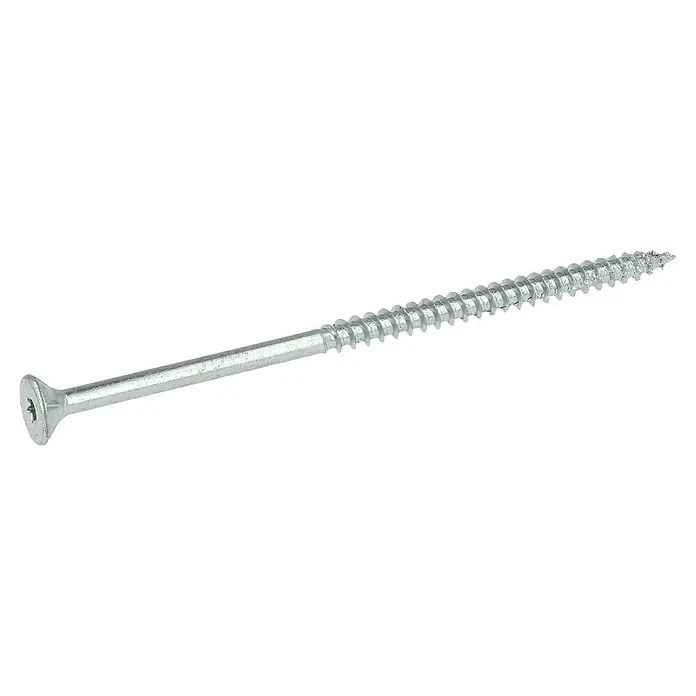 Profi Depot Spanplattenschraube VZ - Ø x L: 6 x 120 mm, 50 Stk., Verzinkt - Nahaufnahme einer einzelnen, silberfarbenen Holzschraube mit flachem Kopf und scharfem Gewinde vor schwarzem Hintergrund.