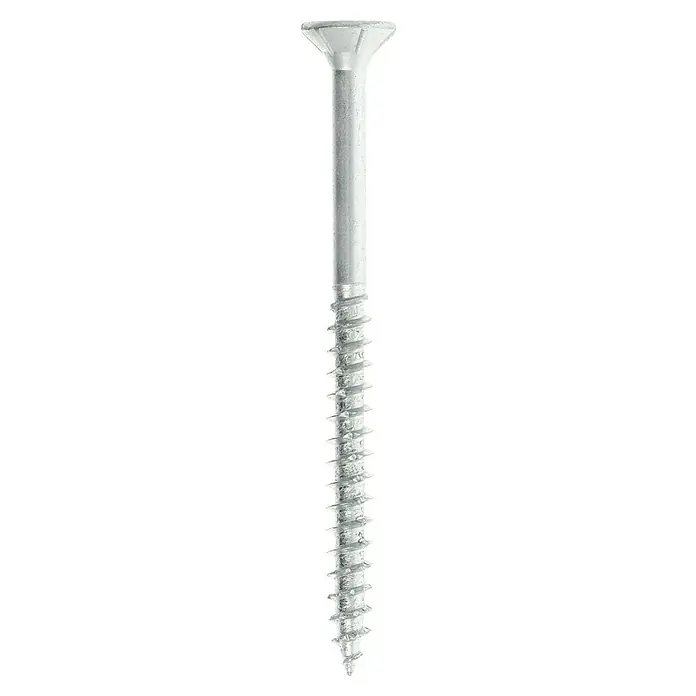 Profi Depot Spanplattenschraube VZ - Ø x L: 4,5 x 60 mm, 200 Stk., Verzinkt - Nahaufnahme einer einzelnen Senkkopfschraube, die in Silber gehalten ist und ein klares Gewinde sowie einen glatten Schaft aufweist.