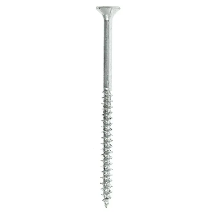 Profi Depot Spanplattenschraube VZ - Ø x L: 5 x 80 mm, 200 Stk., Verzinkt - Nahaufnahme einer einzelnen, silberfarbenen Holzschraube mit Senkkopf und scharfem Gewinde vor einem schwarzen Hintergrund.