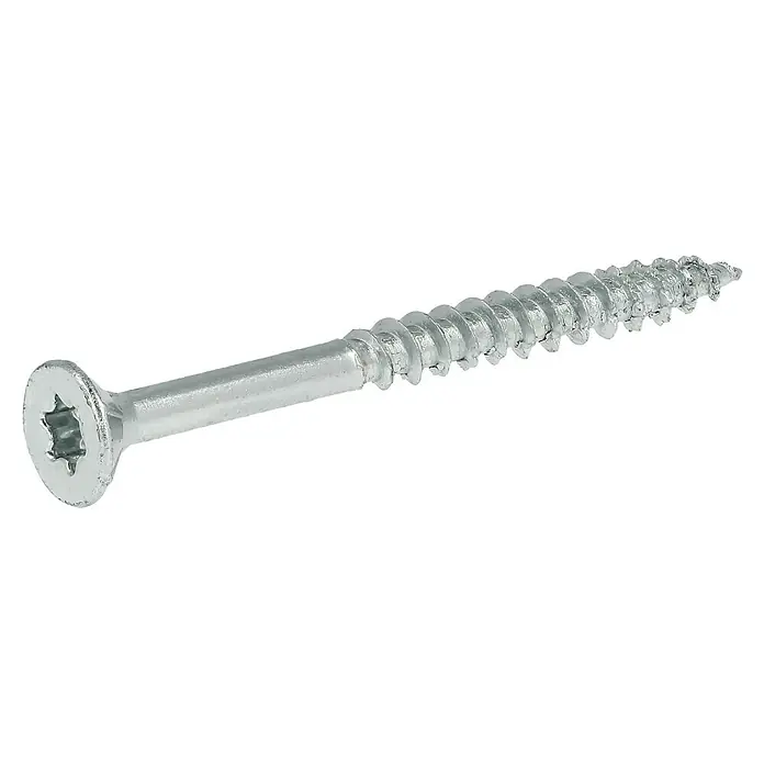Profi Depot Spanplattenschraube VZ - Ø x L: 4,5 x 50 mm, 500 Stk., Verzinkt - Nahaufnahme einer einzelnen Torx-Holzschraube mit silberner Oberfläche vor einem schwarzen Hintergrund.