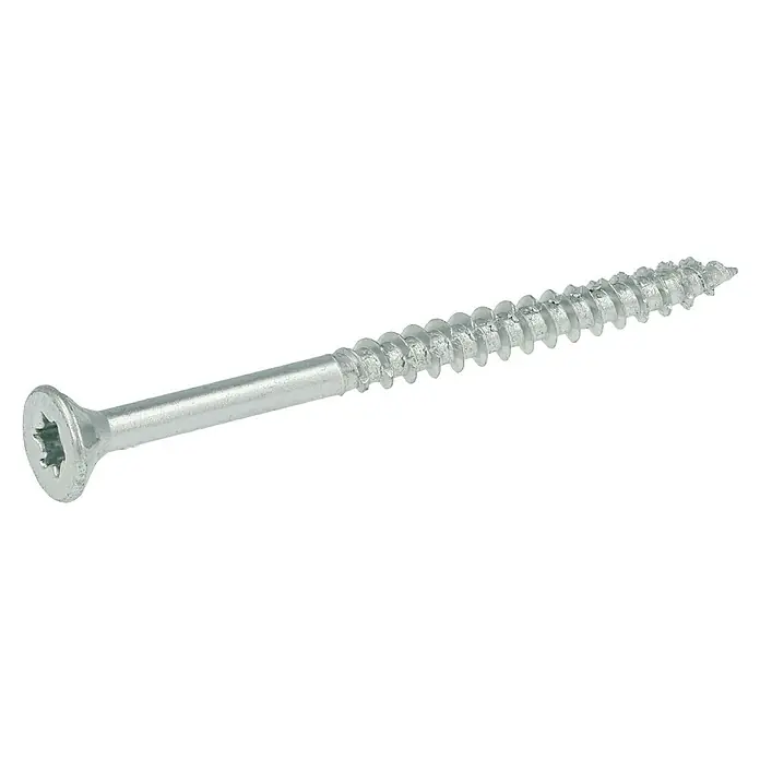 Profi Depot Spanplattenschraube VZ - Ø x L: 4,5 x 60 mm, 200 Stk., Verzinkt - Nahaufnahme einer einzelnen, silberfarbenen Holzschraube mit Senkkopf und Torx-Antrieb auf schwarzem Hintergrund.