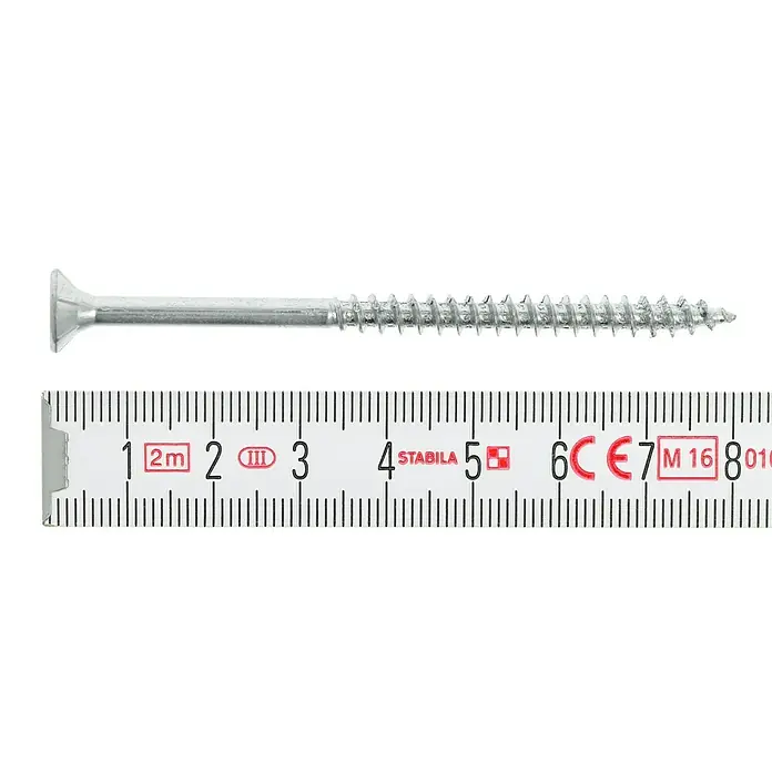 Profi Depot Spanplattenschraube VZ - Ø x L: 5 x 80 mm, 200 Stk., Verzinkt - Das Bild zeigt eine Schraube neben einem Messband von Stabila, um die Größe und Länge der Schraube zu veranschaulichen.