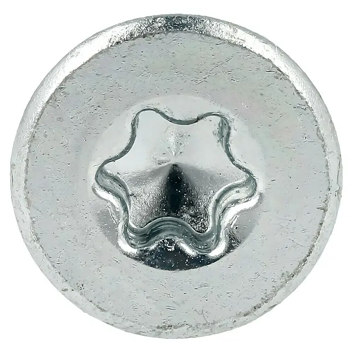 Profi Depot Spanplattenschraube VZ - Ø x L: 5 x 80 mm, 200 Stk., Verzinkt - Nahaufnahme eines Torx-Schraubenkopfes. Perfekt für präzise Befestigungen und hohe Drehmomentübertragung in verschiedenen Anwendungen.