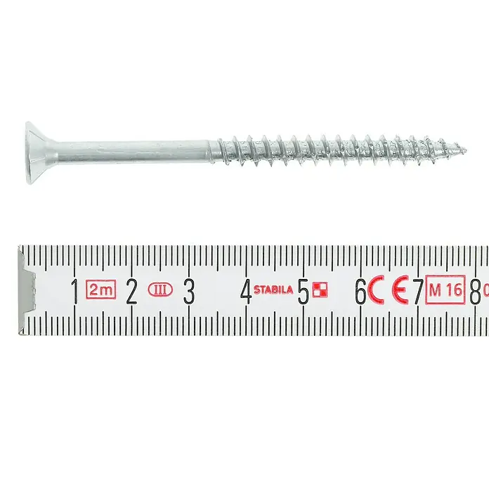 Profi Depot Spanplattenschraube VZ - Ø x L: 6 x 80 mm, 100 Stk., Verzinkt - Ein silberner Holzschraube, gemessen mit einem Zollstock.