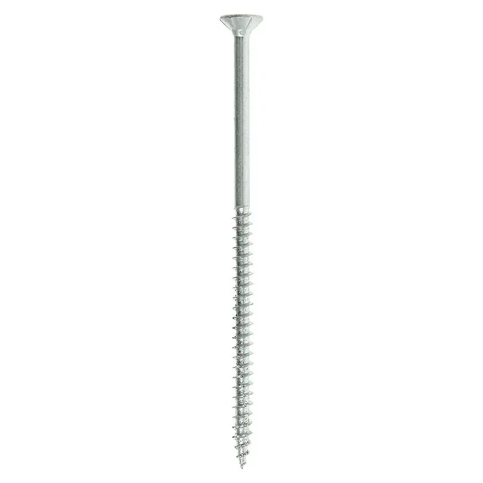 Profi Depot Spanplattenschraube VZ - Ø x L: 6 x 120 mm, 50 Stk., Verzinkt - Nahaufnahme einer einzelnen silberfarbenen Holzschraube mit flachem Kopf und Gewinde über die gesamte Länge.