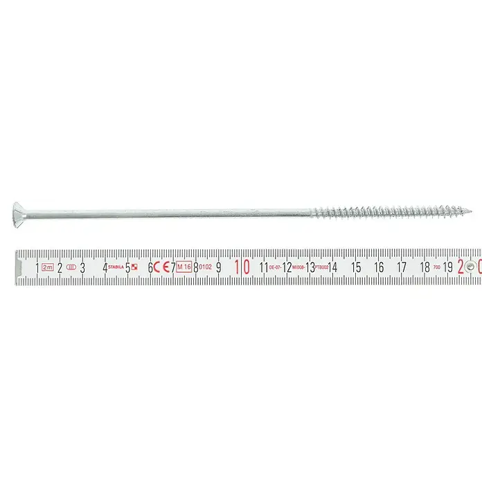 Profi Depot Spanplattenschraube VZ - Ø x L: 6 x 200 mm, 50 Stk., Verzinkt - Eine lange Schraube aus Metall liegt vor einem Messlineal, das ihre Länge misst. Sie erstreckt sich von 1cm bis fast 20cm.